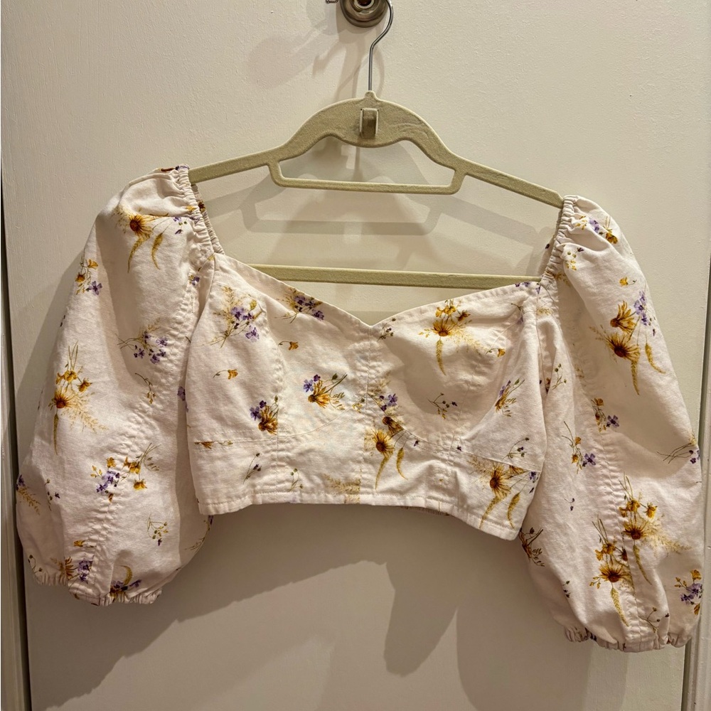 H&M Cream Floral Puff Sleeve Blouse